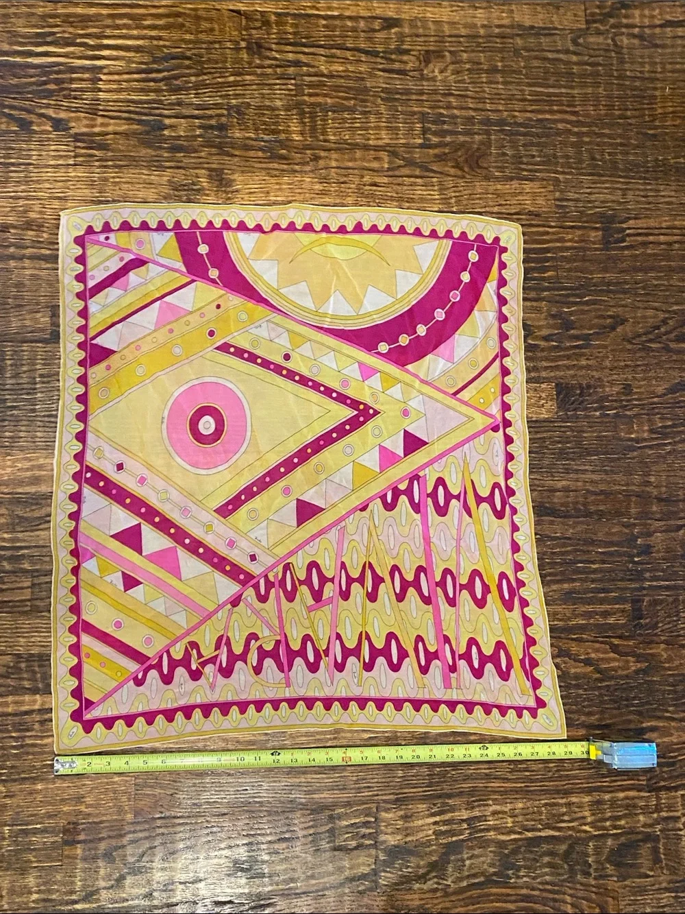 Vintage Mid Century Emilio Pucci Geometric Pink & Yellow Large Silk Scarf